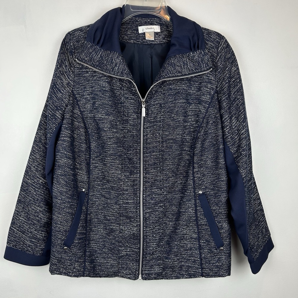 CJ Banks Jacket Women 1 X Zip Up Navy Blue Metallic Textured Pockets Casual Read
